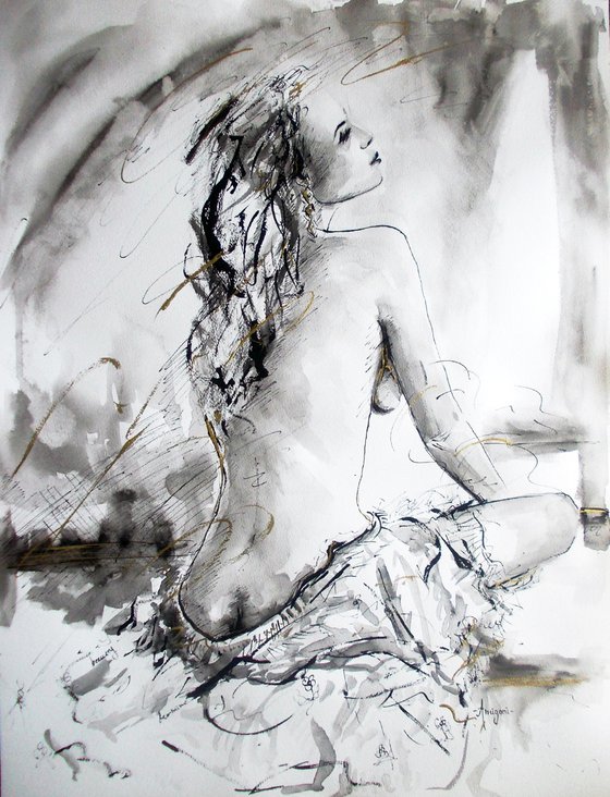 Moonlight Repose- Woman-Figurative Ink Drawing on Paper