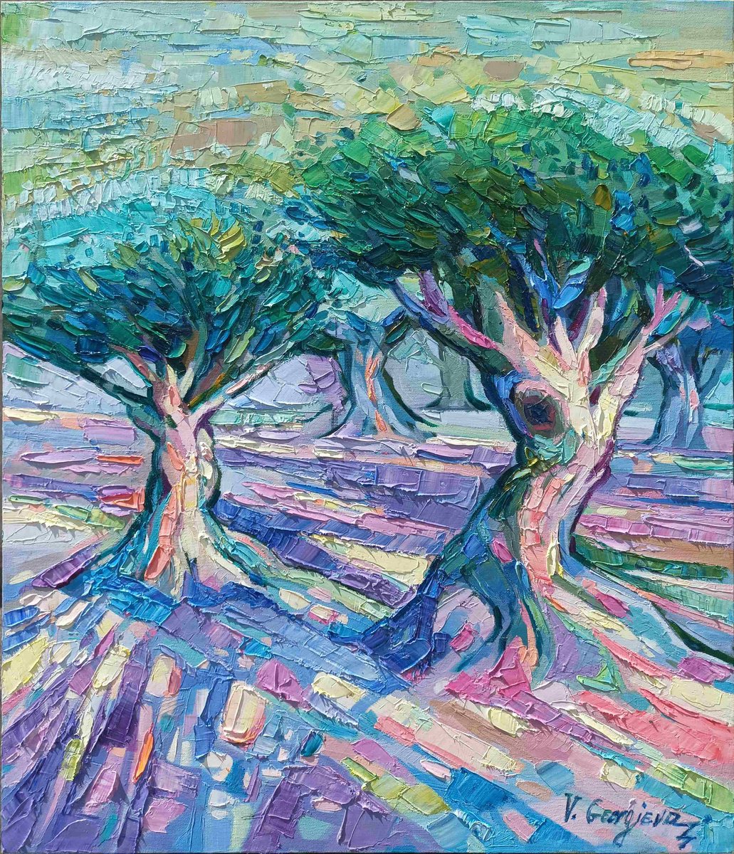 Impressionistic Botanical Oil Painting By Vanya Georgieva, 24 X 28", Olive Trees Between Light And Shadows, Original Artwork