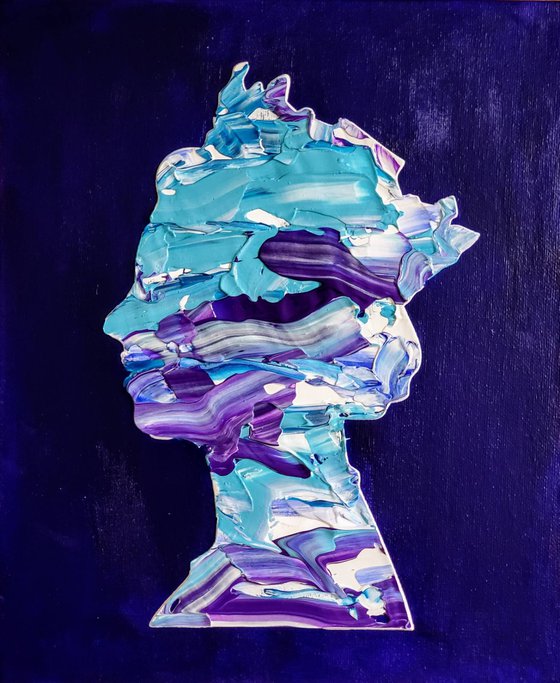 Queen #49  on ultramarine  background TURQUOISE,  PURPLE, SILVER METALLIC, NAVY BLUE  inspired by Queen Elizabeth II