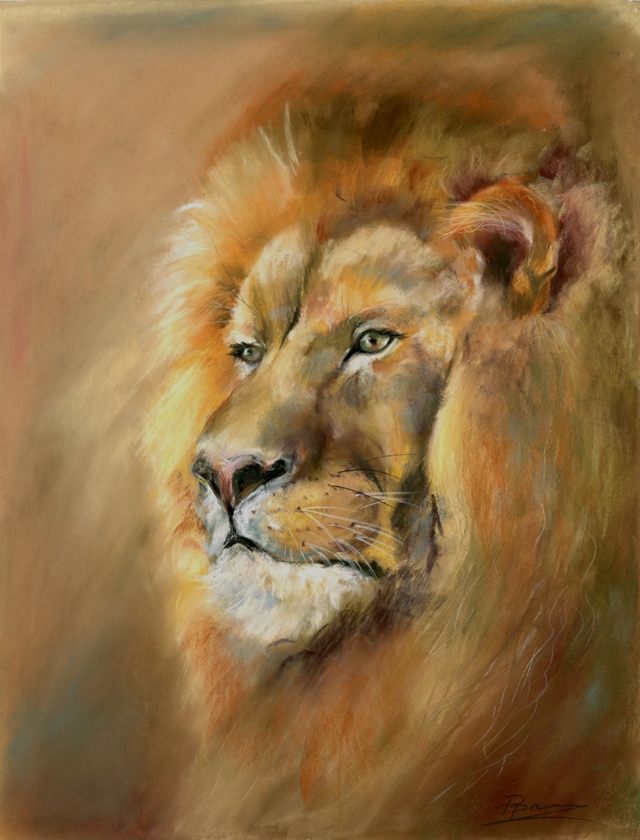 Impressionistic Animal Pastel Drawing By Olga Tchefranov (Shefranov), 13 X 16", Lion, Original Artwork