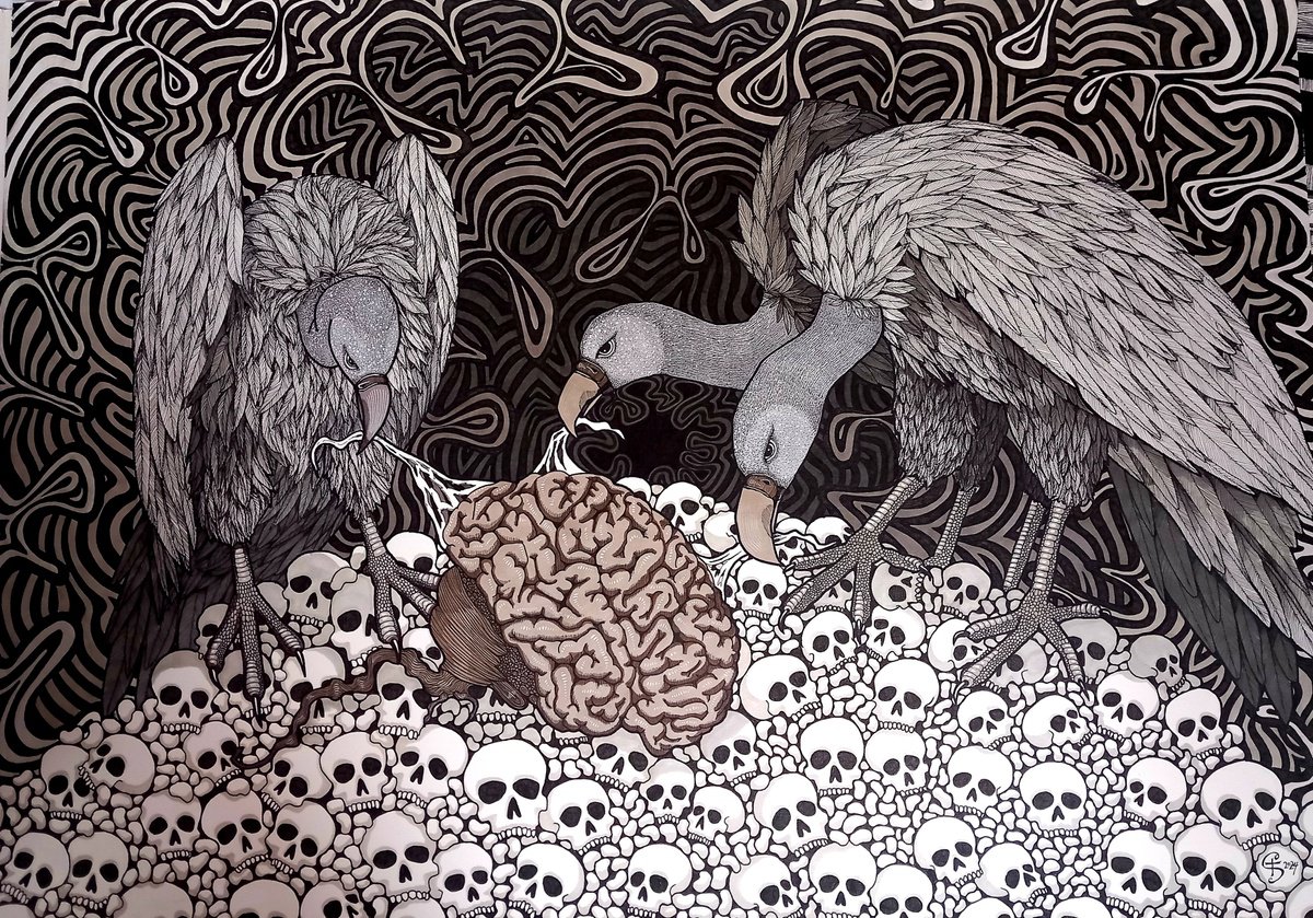 Graphic Animal Ink Drawing By Terri Smith, 37 X 27", Gaslighting, Original Artwork