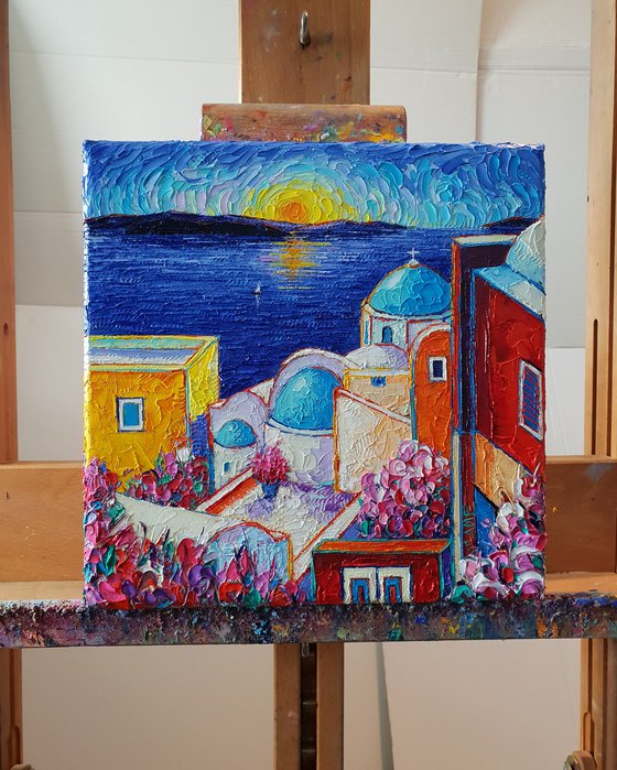SANTORINI OIA COLORS AT SUNRISE textural impasto palette knife oil painting on 3D Canvas painting continues on the edges sides of the canvas by Ana Maria Edulescu