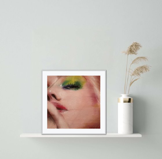 sarila - beauty oil painting of pretty blonde women female on canvas with blue green pink makeup contemporary portrait lady