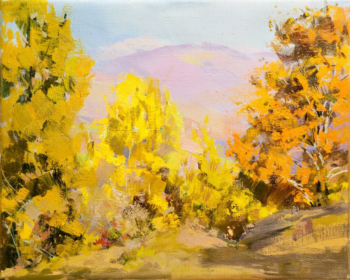 Oil landscape painting of autumn scenery - Touch of Sun by Yuri Pysar
