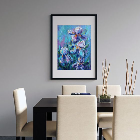 Irises and blue sky- flowers, oil painting, irises flowers, gift idea, flowers oil painting, flowers art, gift for woman