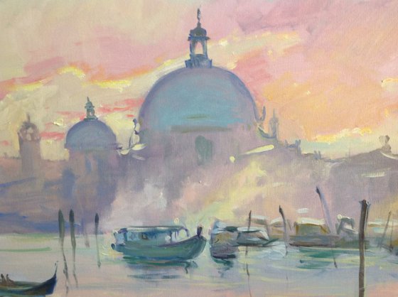Venice sunset grand Channel cityscape sea sky boats original XXL oil painting