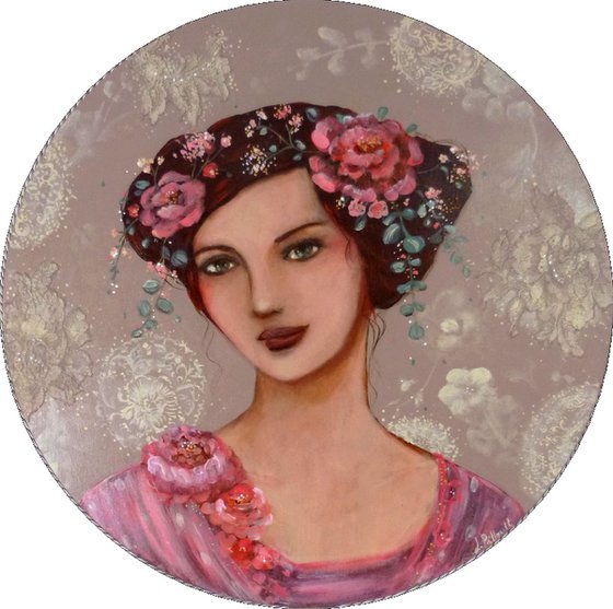 "Eglantine in april"  acrylic on round canvas 50cm