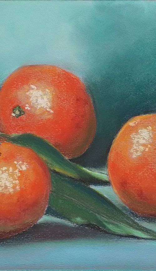Golden-red tangerines on a turquoise background by Liubov Samoilova