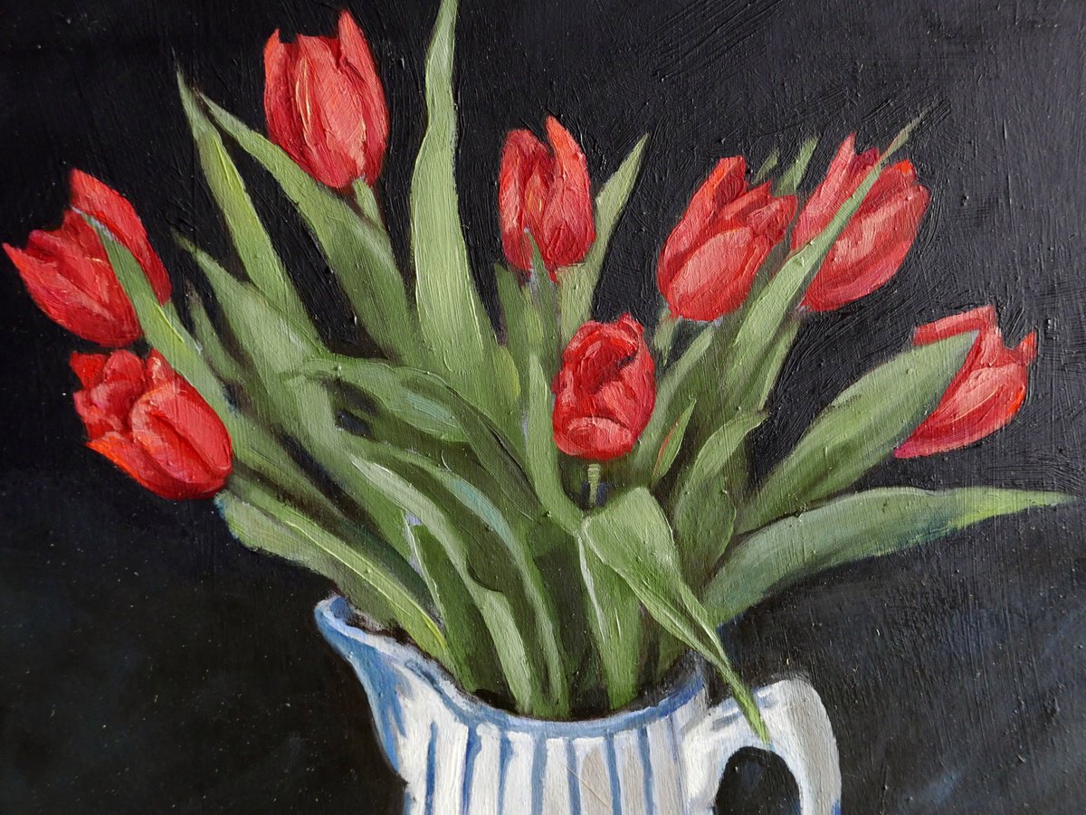 Photorealistic Botanical Oil Painting By Isabel Hutchison, 14 X 16, Tulips In Blue And White Jug, Original Artwork