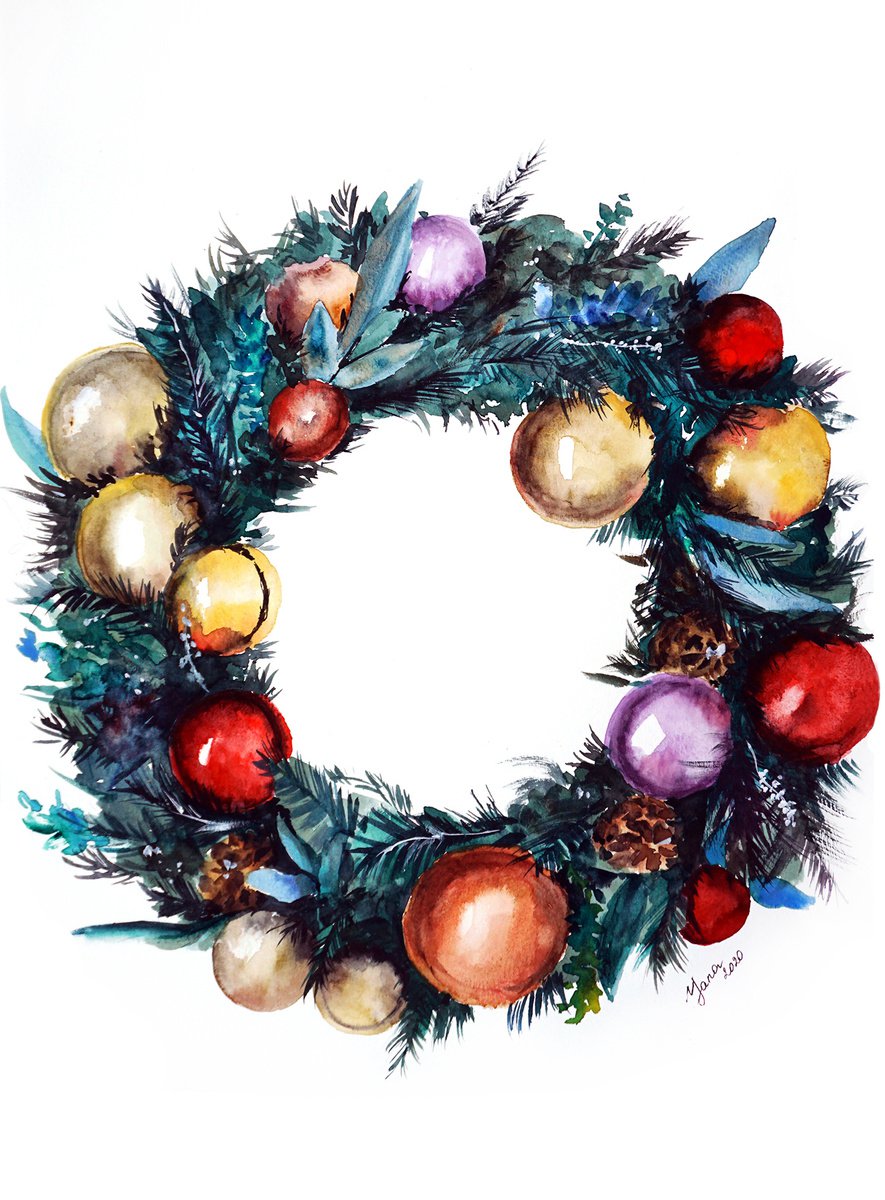 Christmas Spirit _ Original Watercolor Painting - Xmas Wreath Artwork by Yana Shvets