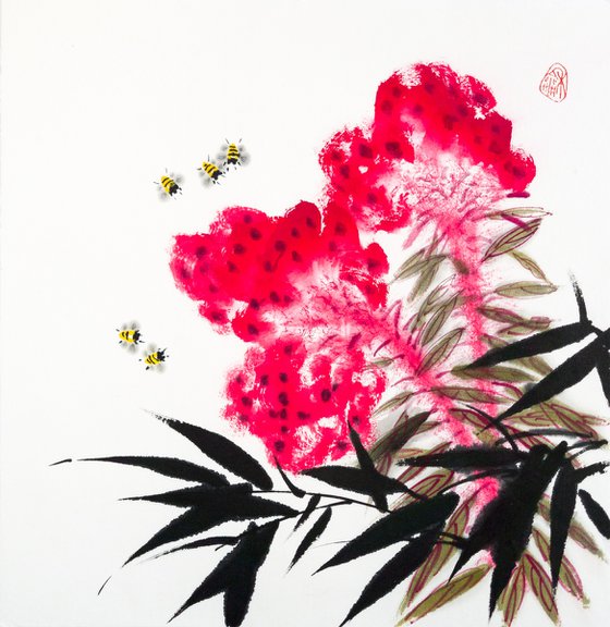 Celosia, bamboo and bees  - Oriental Chinese Ink Painting