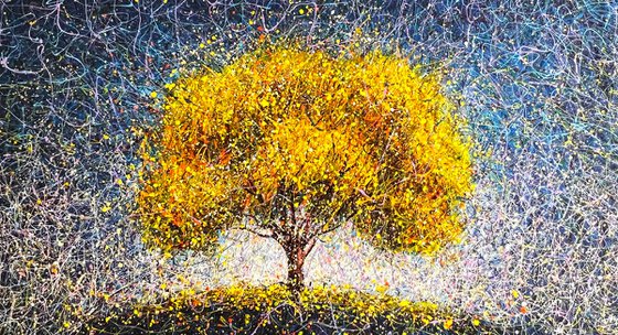 Yellow tree abstraction Modern blue yellow painting Sun Autumn art