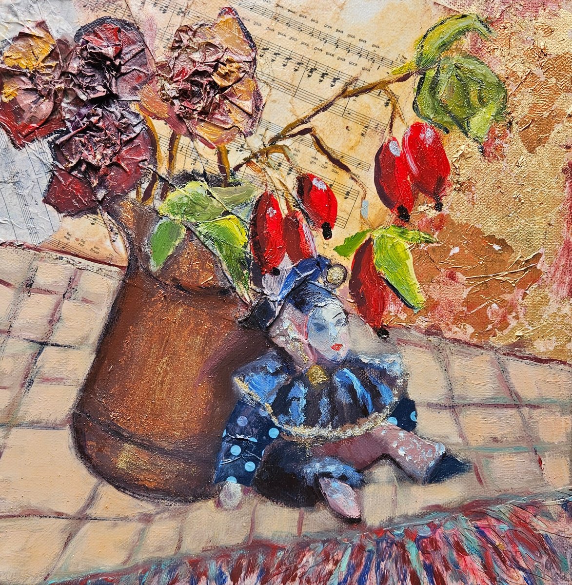 Naive Painting , Clown With Flowers By Vera Stein, 12 X 12, Artwork For Sale On Artfinder