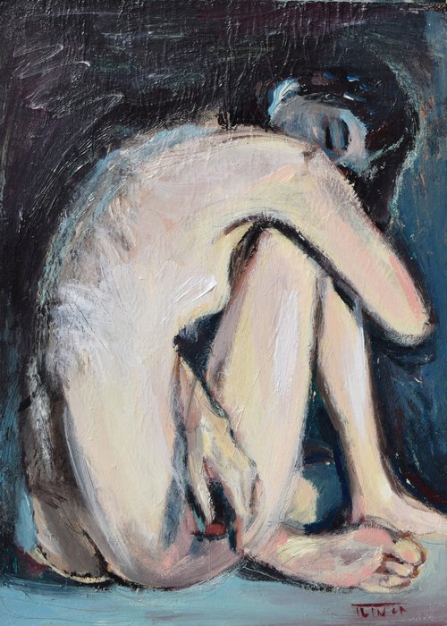 nude woman sitting on the floor (3-2017), study by Catalin Ilinca