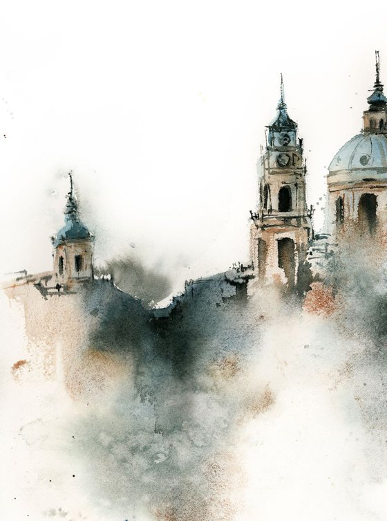 Prague Skyline, Roofs of Prague Cityscape Loose Watercolor