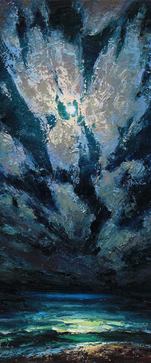 Movement of the night, moon and clouds over sea by Alisa Onipchenko-Cherniakovska