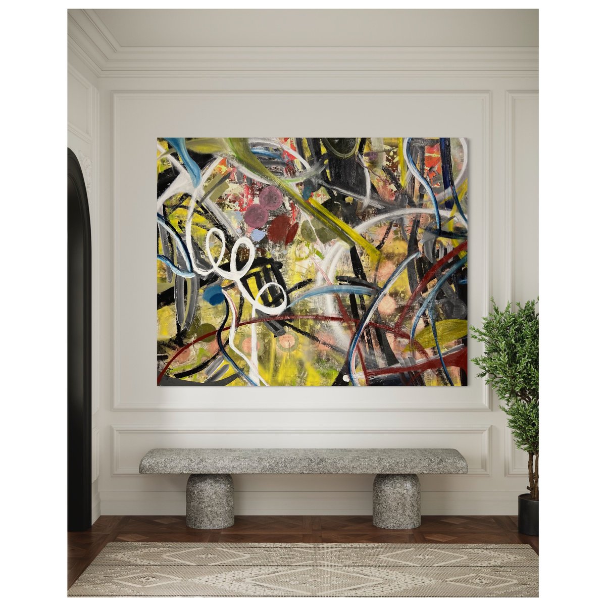 Surrealistic Abstract Oil Painting By Maria Esmar, 71 X 55", Futurity, Original Artwork