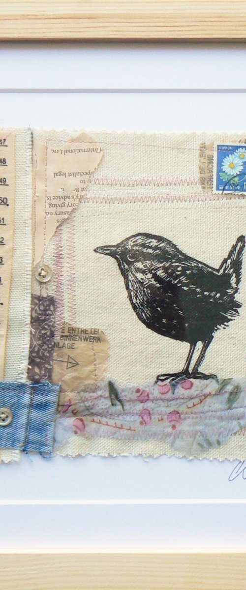 Little Jenny (Wren) textile and lino print stitched collage with buttons fabric and found papers by Carolynne Coulson