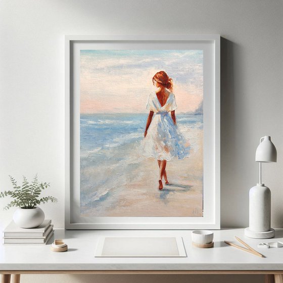Beach walk, Girl by the sea oil painting