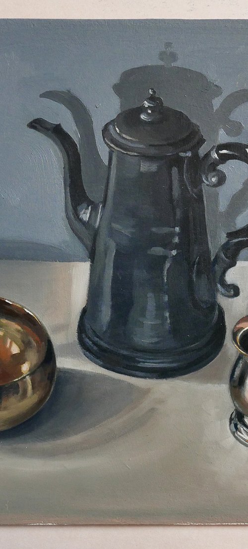 Still Life of a Symphony in Brass, Pewter and Silver by Isabel Hutchison