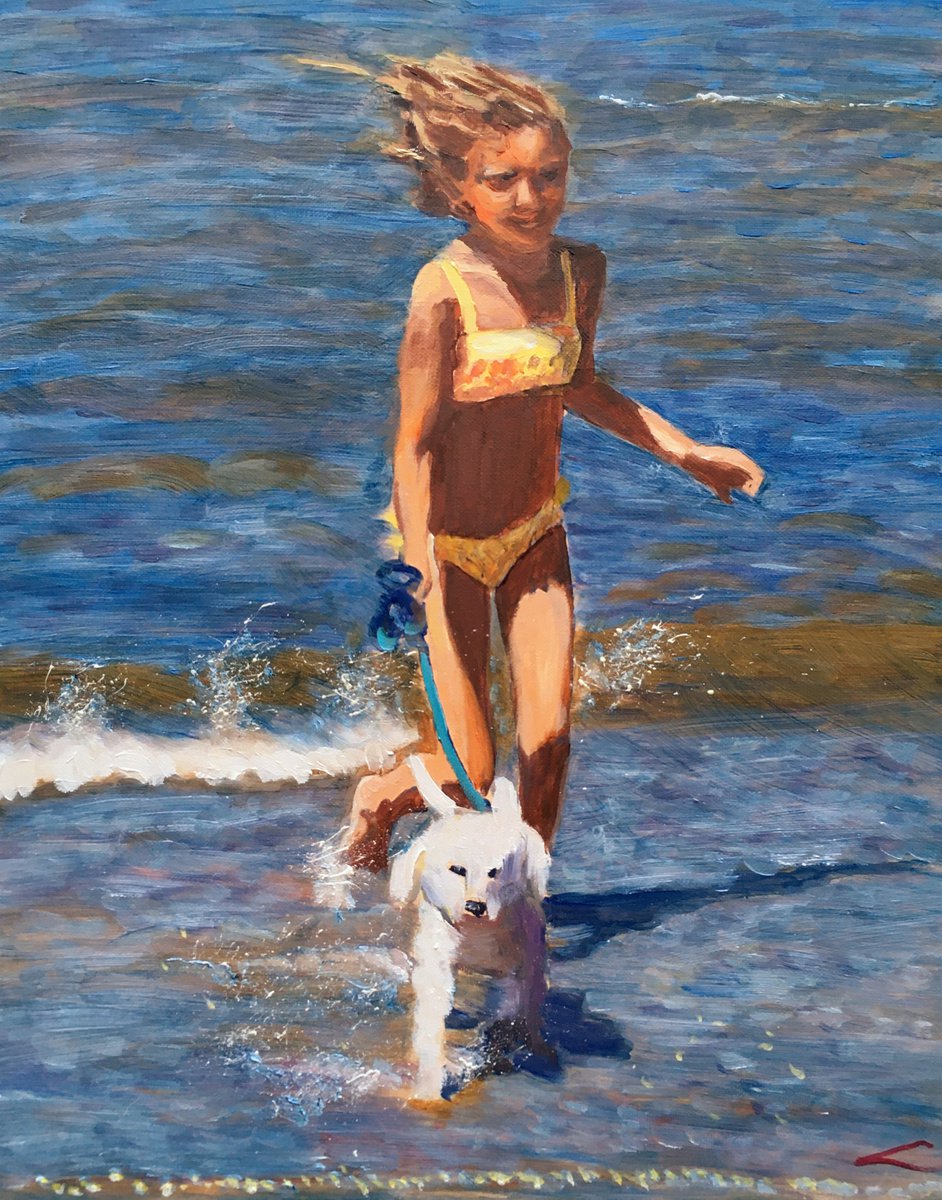 Impressionistic Portrait Oil Painting By Elena Sokolova, 16 X 20, Girl With A Doggy, Original Artwork