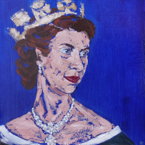 God Save The Queen. Oil portrait of Elizabeth II. 11.8x11.8inc/30x30cm