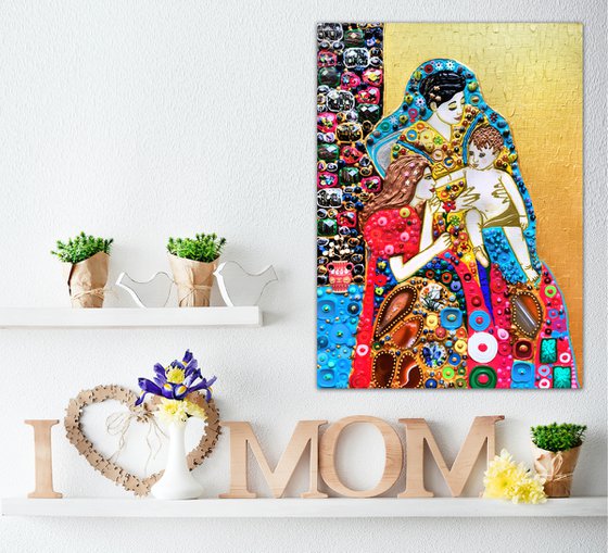 Grandma mom baby family portrait painting. PRECIOUS STONES glass mosaic art