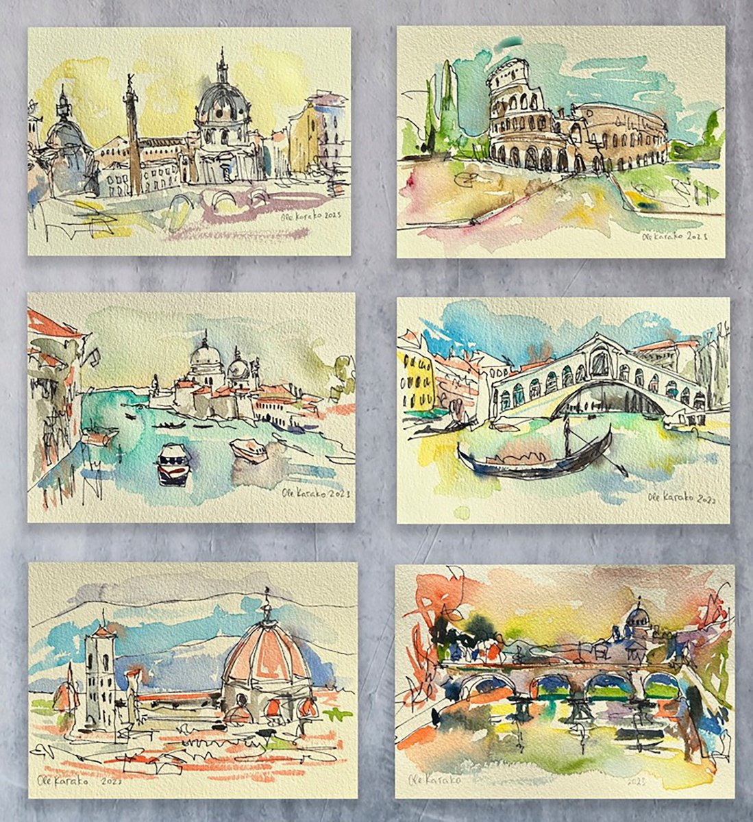 Collection of six sketches Landmarks of Italy by Ole Karako