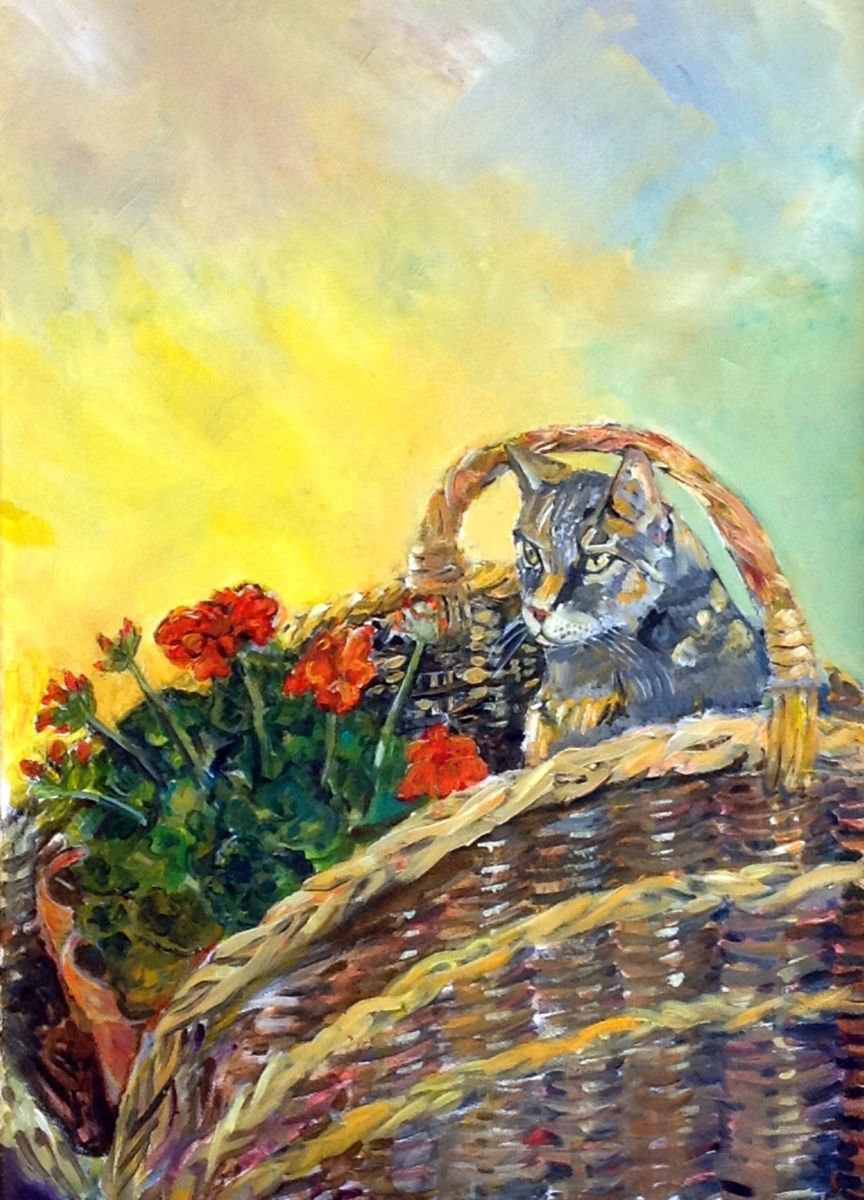 Photorealistic Animal Oil Painting By Chris Walker, 20 X 28, Geranium Cat, Original Artwork