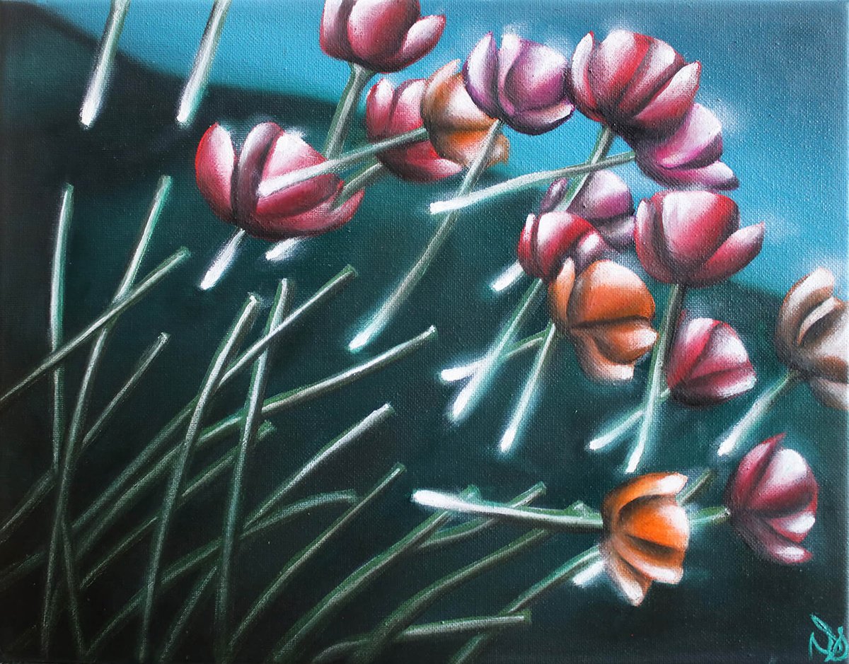 Surrealistic Landscape Oil Painting By Vanessa T Stefanova, 14 X 11", Tall Poppy, Original Artwork