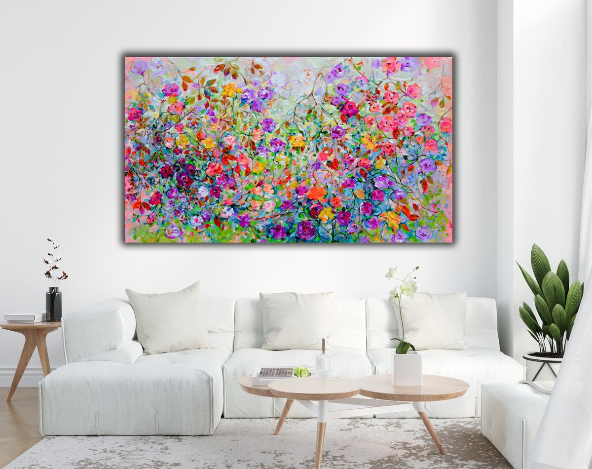 Impressionistic Botanical Acrylic Painting By Soos Roxana Gabriela, 55 X 31", The Untouched Gleam Of Roses, Original Artwork
