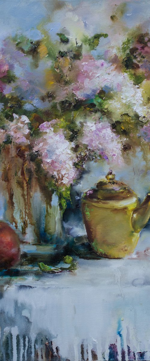 Lilacs on a round table by Olha Laptieva