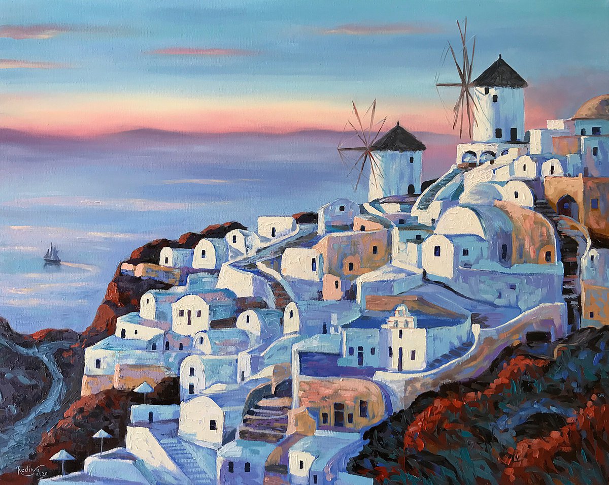 Santorini, Wind Mills in Oia at Sunset by Irina Redine