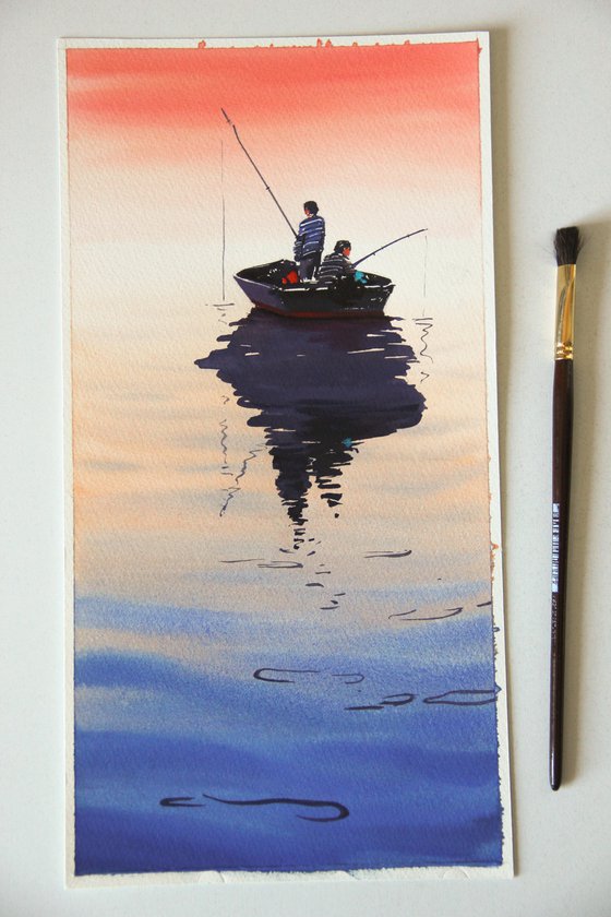 🌟Sunset🌟 - Original watercolor painting on paper, sea, lake, seascape, sunset