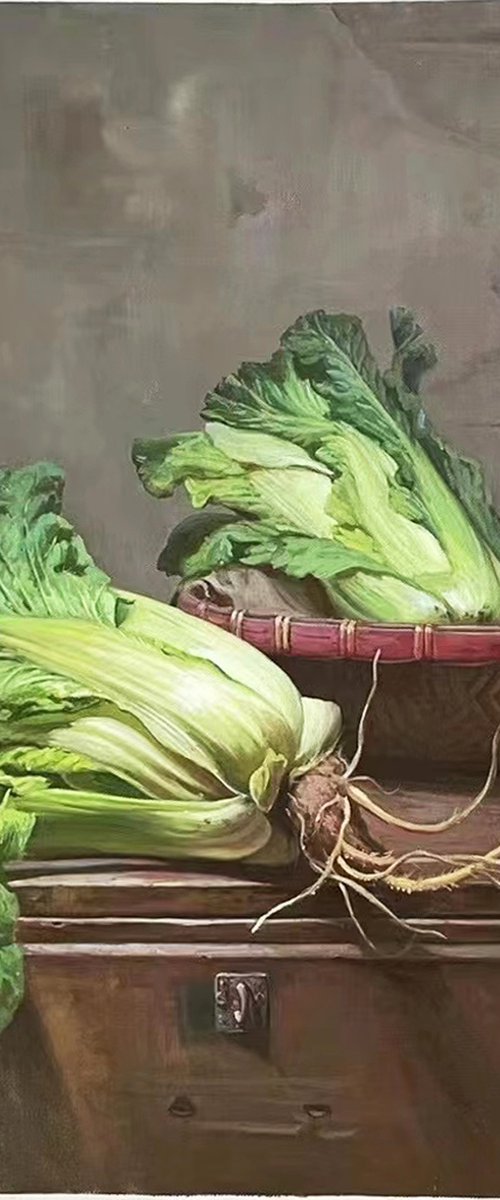 Still life:Chinese cabbages on the wooden desk by Kunlong Wang