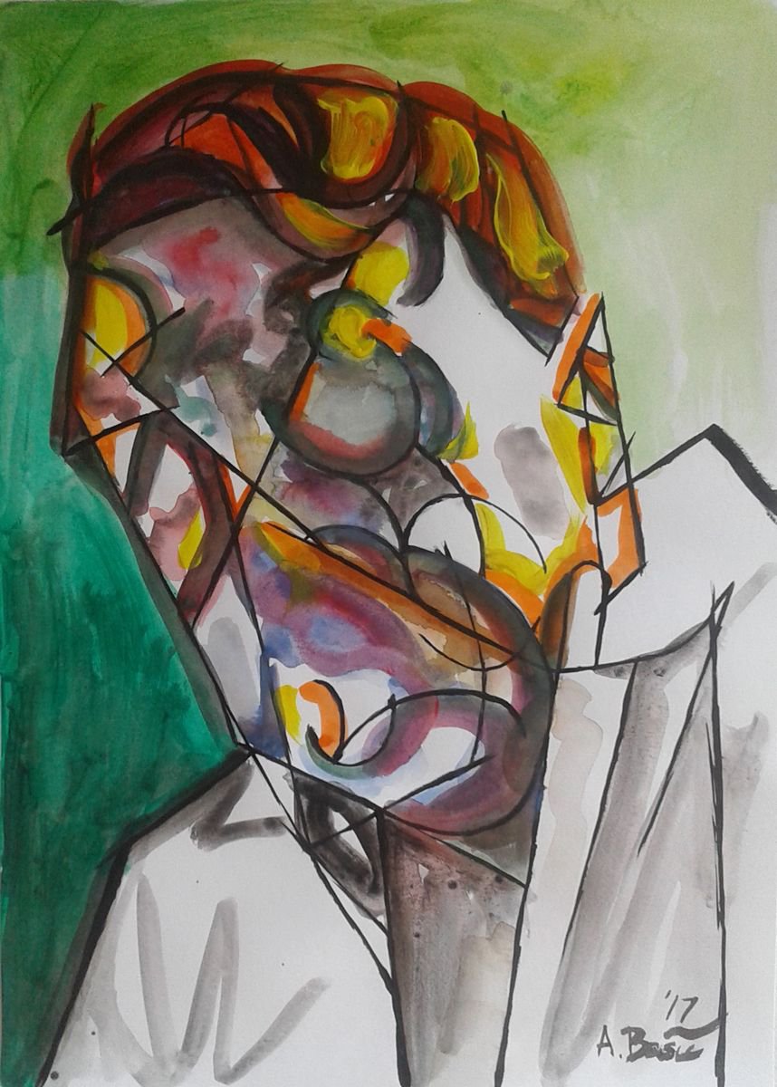 Geometric Portrait Painting By Aleksandar Basic, 12 X 17, Andre Derain, Original Artwork