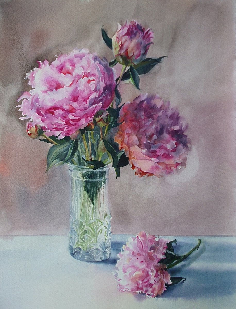 Impressionistic Still Life Watercolour By Sonata Art, 20 X 24", Blush Of Pink Art Peonies, Original Artwork