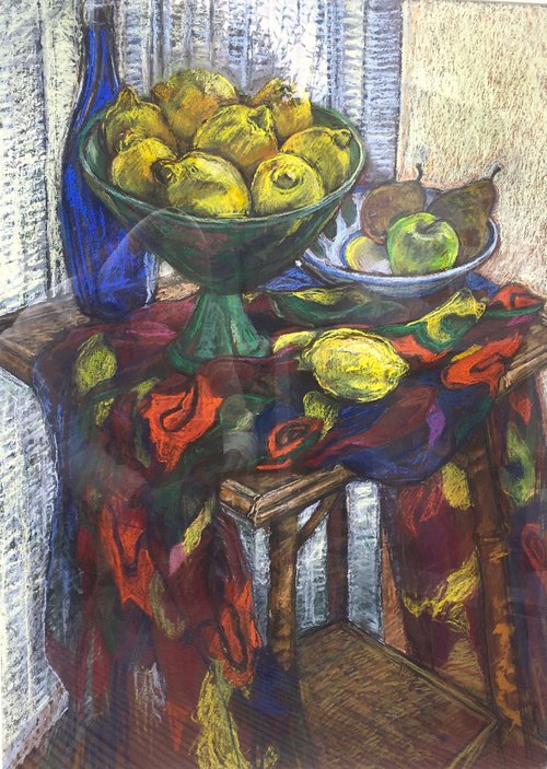 Rustic still life with Lemons and a colourful scarf by Patricia Clements