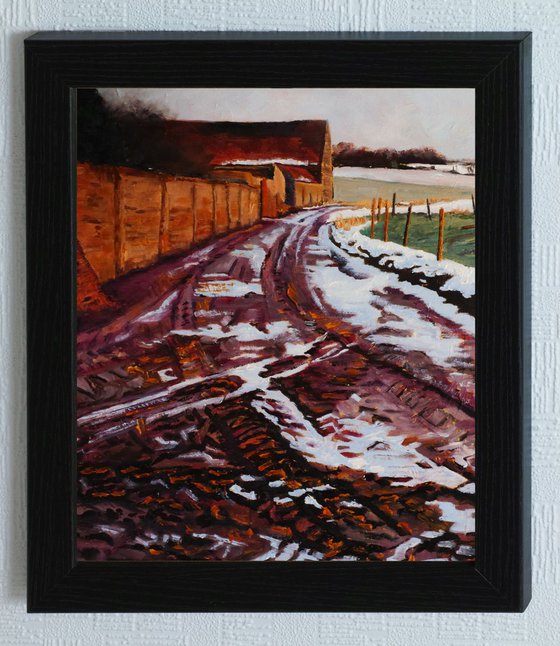 Muddy Lane, Frosty Morning, Impasto oil painting.