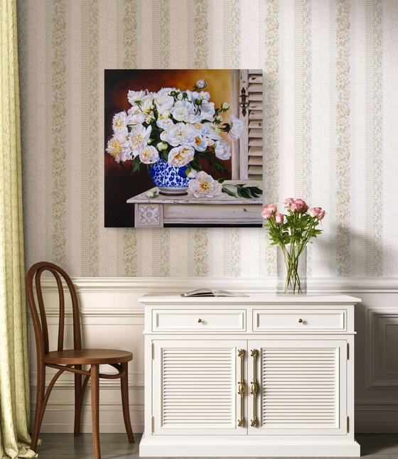 White Peonies in Blue Vase