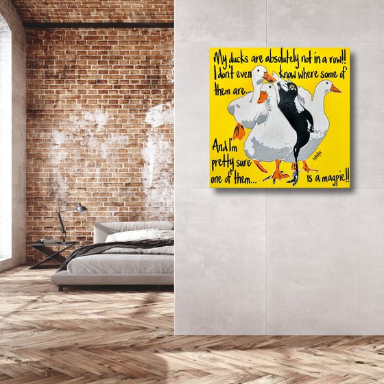 Ducks in a row Yellow Magpie 61cm x 61cm