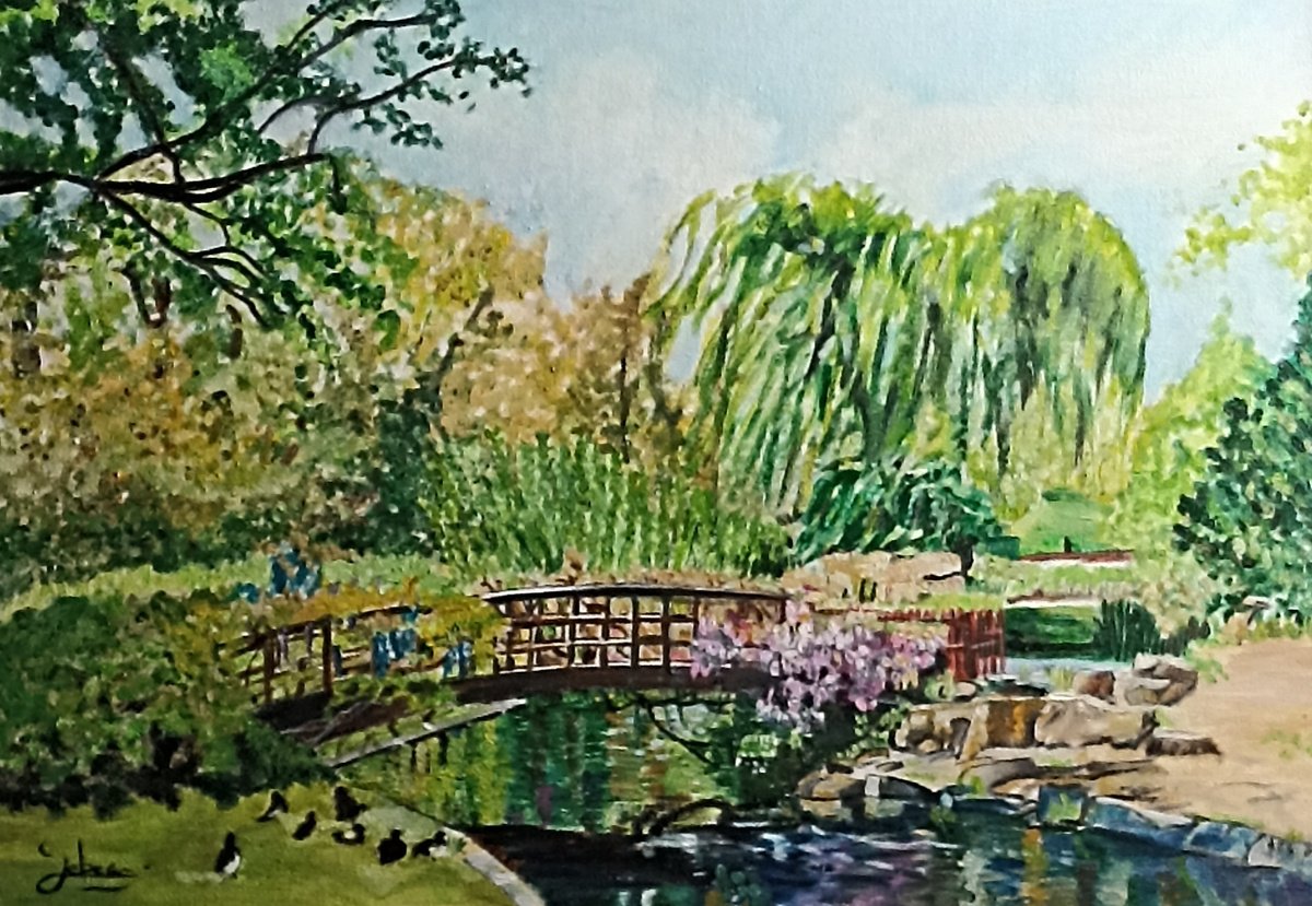 Impressionistic Landscape Oil Painting By Isabelle Lucas, 18 X 13, Little Wood Bridge 2, Original Artwork