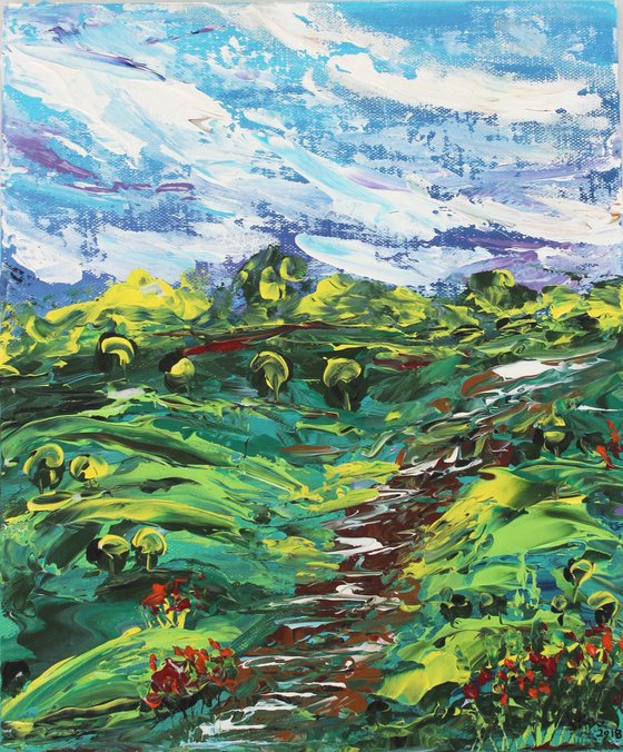 The hillside walk , 2018 - Landscape Impressionistic Palette Knife Impasto Painting on Canvas Board