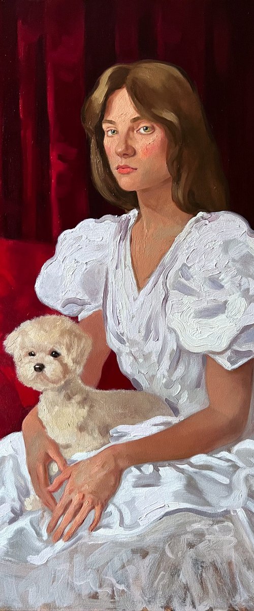 Portrait of a woman with maltese dog by Elina Arbidane