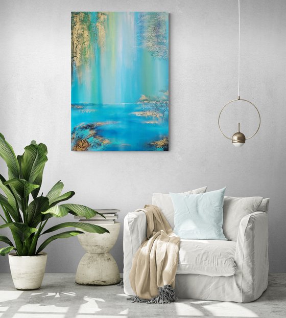 A XL large semi-abstract beautiful structured mixed media painting of a lake "Under the willow"