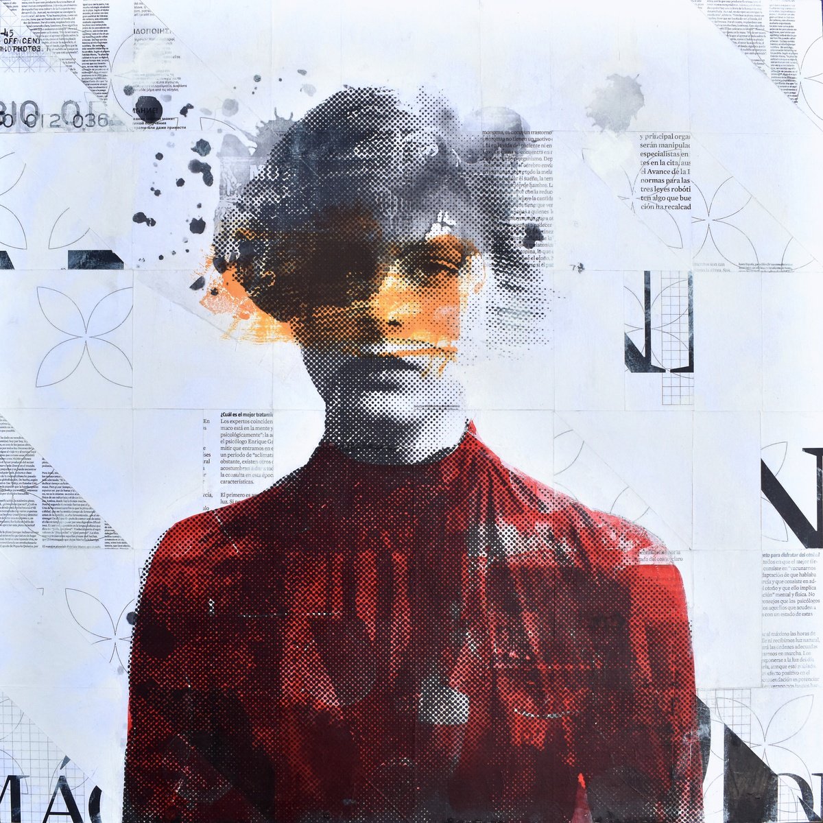 Expressive Portrait Collage By Manel Villalonga, 24 X 24", 303_Red Portrait, Original Artwork