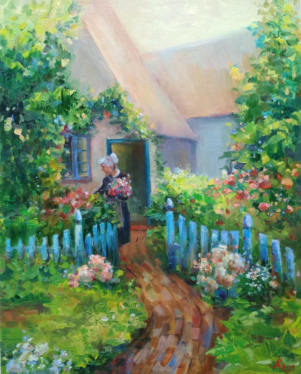 Impressionistic Botanical Oil Painting By Ann Krasikova, 16 X 20, By The Cottage Gate, Original Artwork