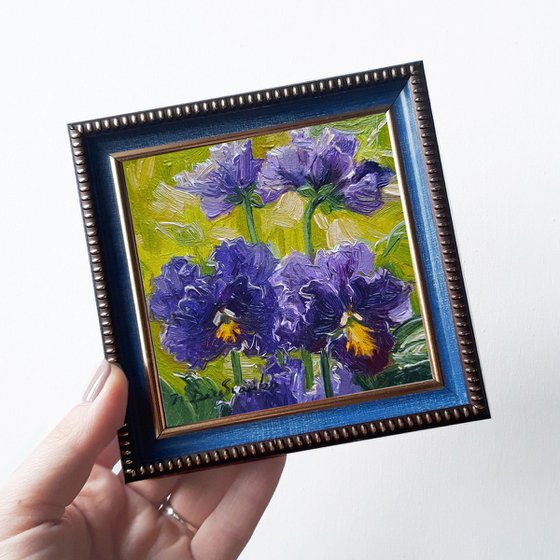 Panse flowers oil painting original, Purple flower small painting framed