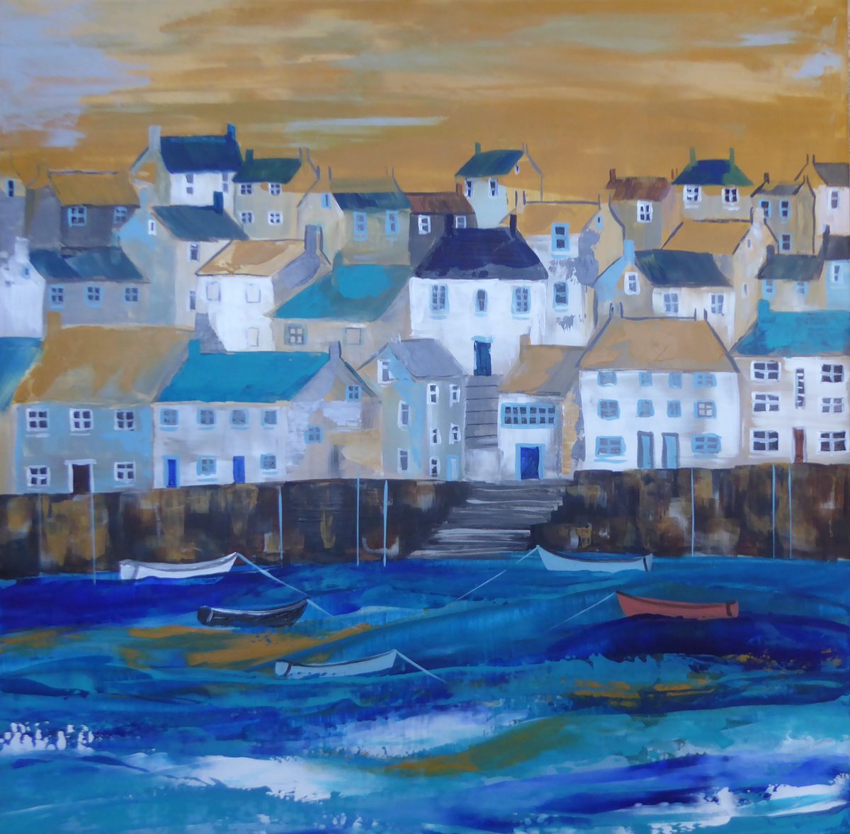 Landscape Acrylic Painting By Elaine Allender, 19 X 19, Mousehole Colours, Original Artwork