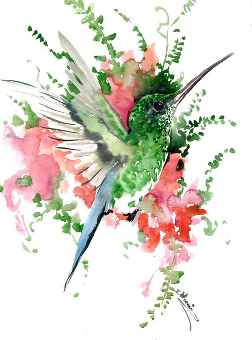 Green Hummingbird and Red Flowers by Suren Nersisyan